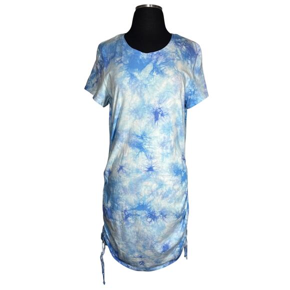 Pink Victoria's Secret Tie Dye Blue Ruched Side Mini T-Shirt Dress Sz XL Beach - Picture 1 of 11